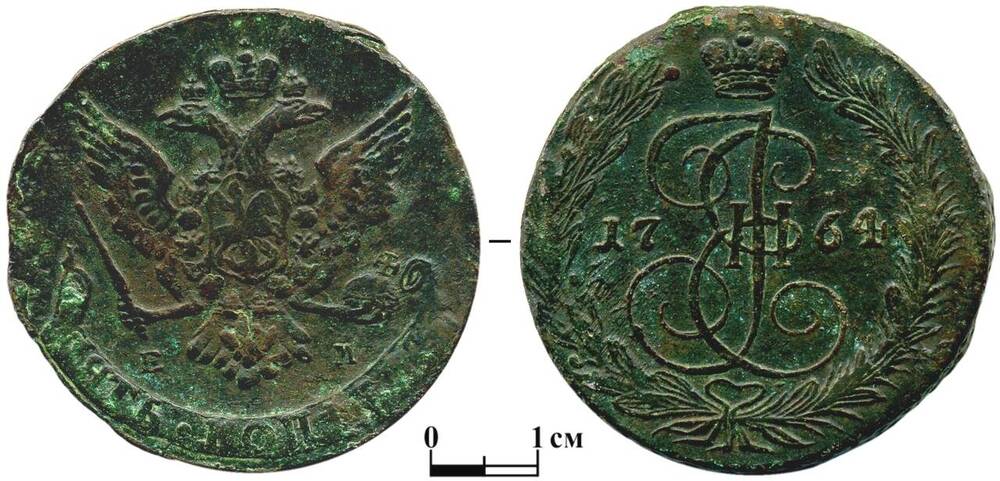 Монета Российской империи «пять копеек» 1764 г.
