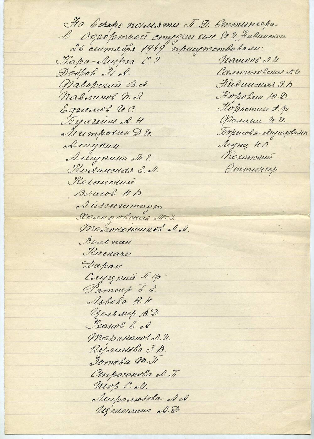 Рукописный лист с перечислением участников вечера памяти П.Д. Эттингера в Офортной студии им. И.И. Нивинского 26 сентября 1949 года