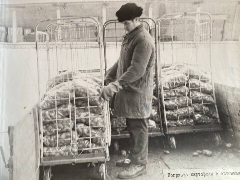 Фото чёрно-белое из альбома Механизация трудоёмких процессов в ОРСе в 1974 году. Погрузка картофеля в автомашину.