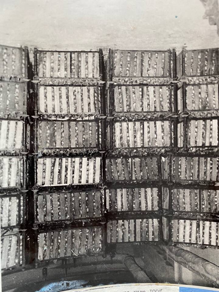 Фото чёрно-белое из альбома Механизация трудоёмких процессов в ОРСе в 1974 году. Контейнерное хранение лука 100 %.