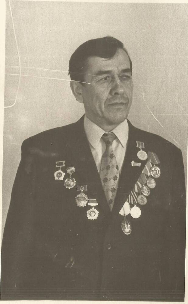 Фотография Д.А. Ильментьев  в костюме, светлой рубашке и галстуке, с медалями на груди.