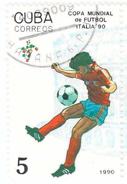 Марка почтовая, гашеная. Чемпионат мира по футболу в 1990 г.