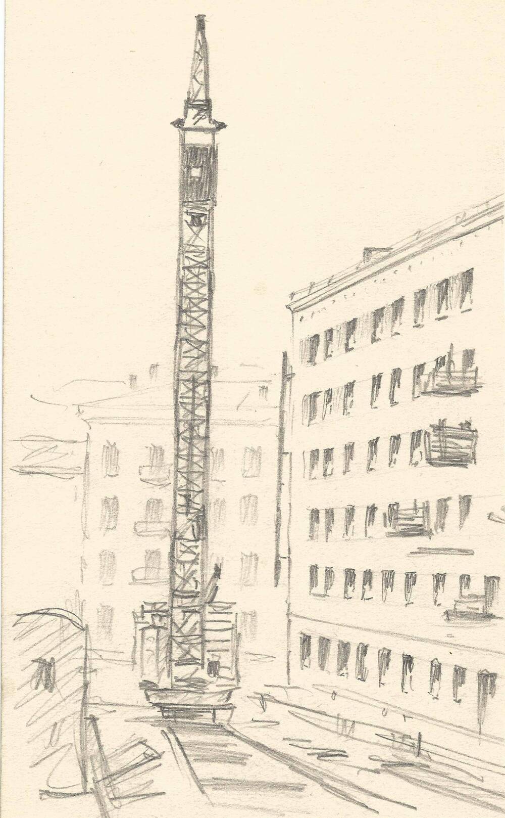 Рисунок Ф.З. Ахмадуллина «Ачинск строится» (Из зарисовок «В новом городе» (два дома)).