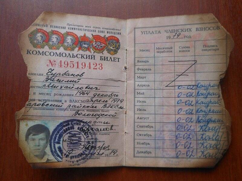 Билет комсомольский № 49519423 Чурбанов Василий Михайлович.