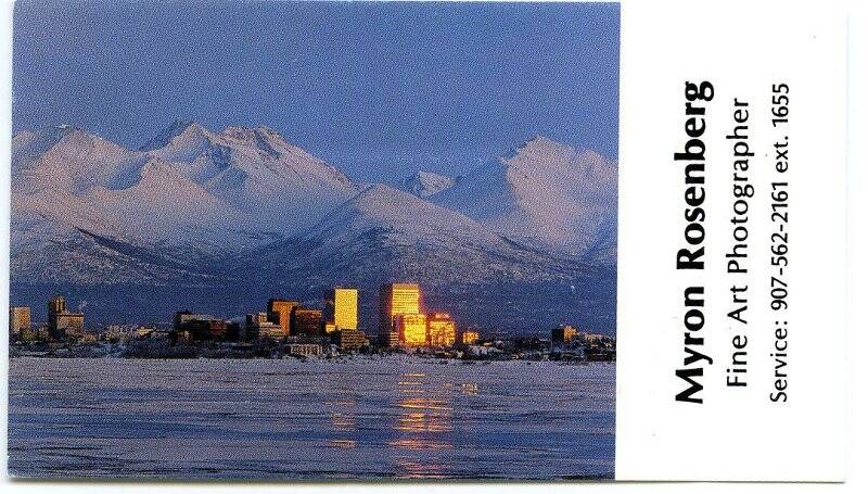 Карточка визитная Майрона Росенберга с фотографией «Вид на Анкоридж от Мак-Кензи. Аляска. 1983»
