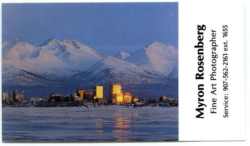 Карточка визитная Майрона Росенберга с фотографией «Вид на Анкоридж от Мак-Кензи. Аляска. 1983»