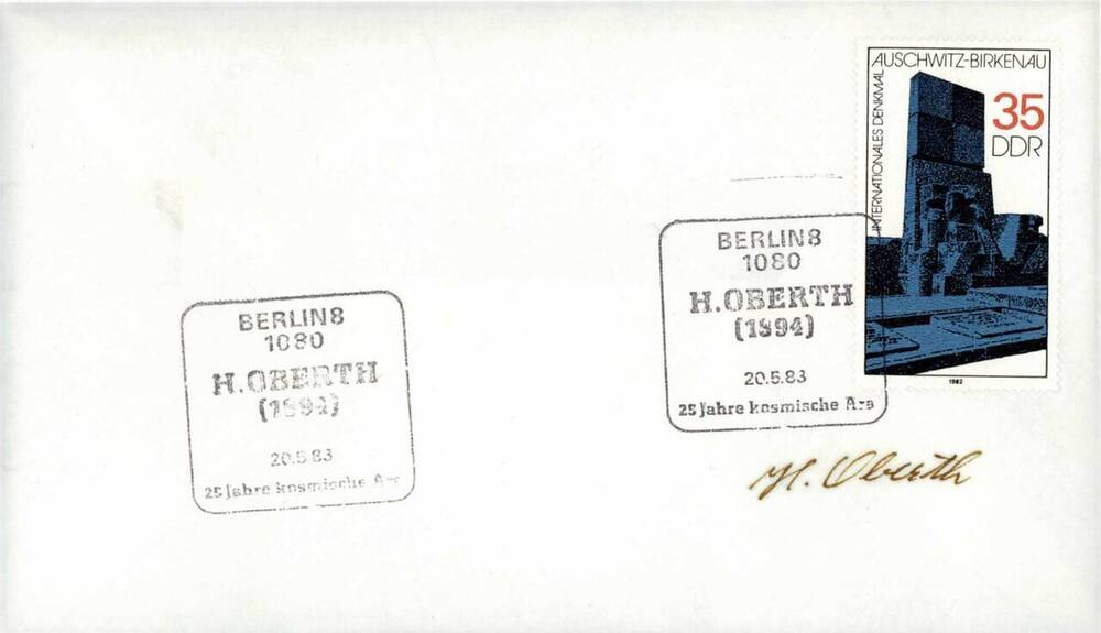 Конверт почтовый немаркированный ГДР, посвященный 25-летию космической эры (с факсимиле подписи Германа Оберта)
