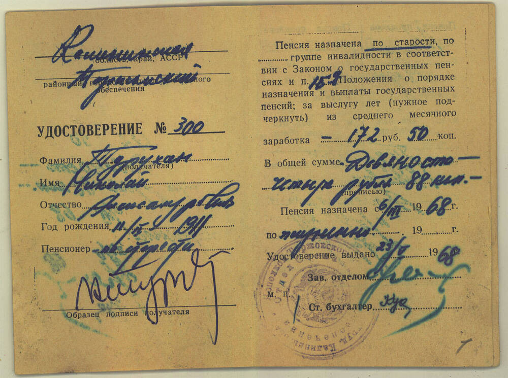 Удостоверение пенсионное на имя Н.А. Турухана, выданное Торжокским отделом социального обеспечения 23 мая 1968 г.