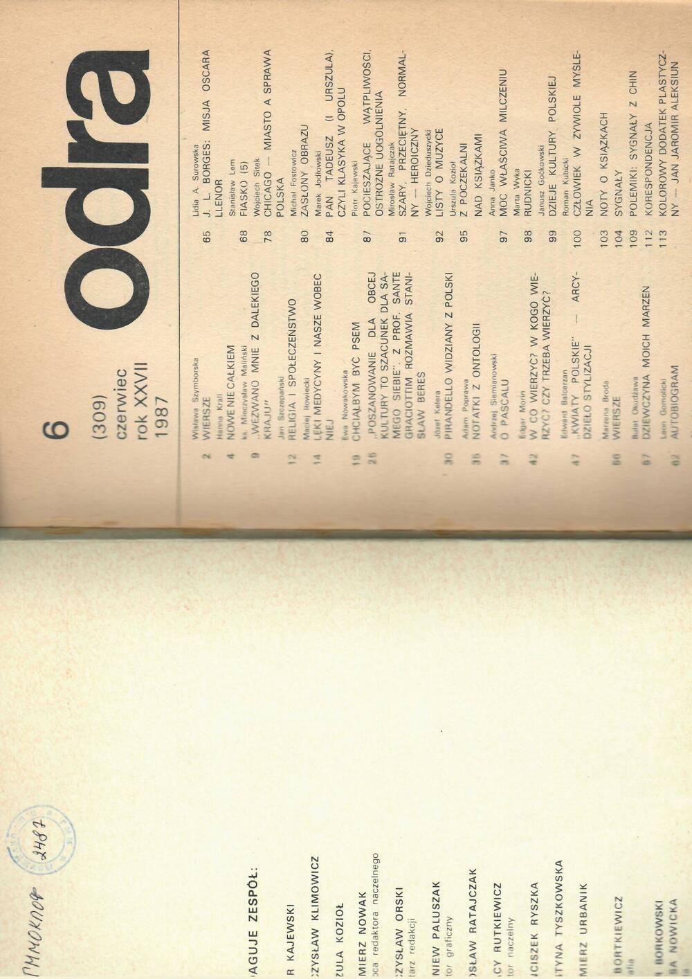 Журнал. Odra. miesięcznik społeczno-kulturalny (Ежемесячный социокультурный журнал) № 6 (июнь). 1987.