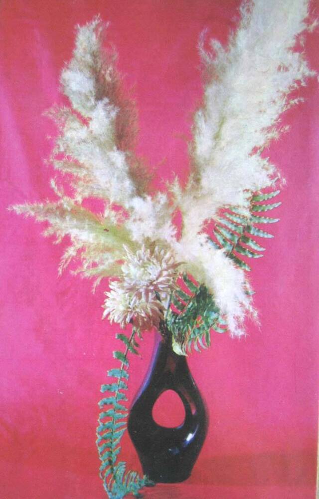 Фотооткрытка «Композиция из хризантем, листьев папоротника нефролеписа и пампасной травы»