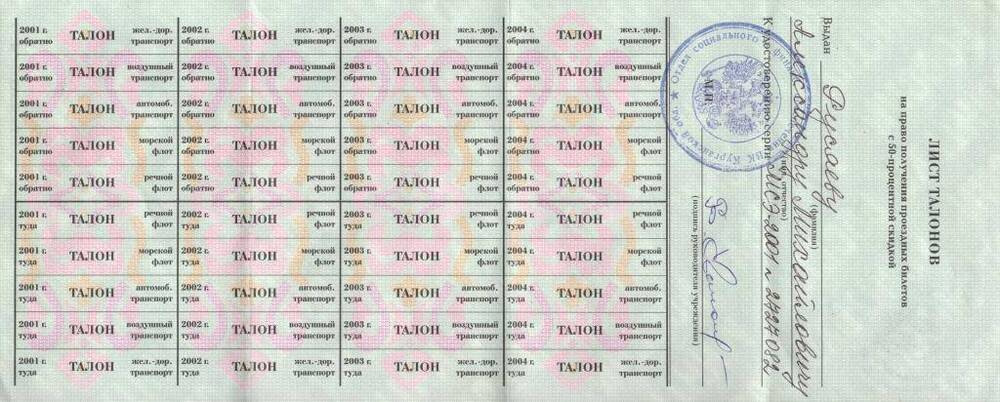 Лист талонов на право получения проездных билетов с 50 процентной скидкой на 2001, 2002, 2003, 2004  гг. на имя Русяева А.М.