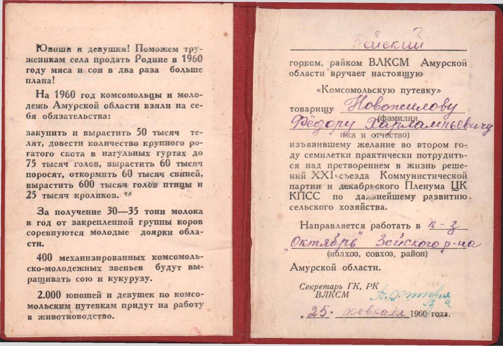 Комсомольская путевка в колхоз Октябрь Зейского района от 25 февраля 1960 года.