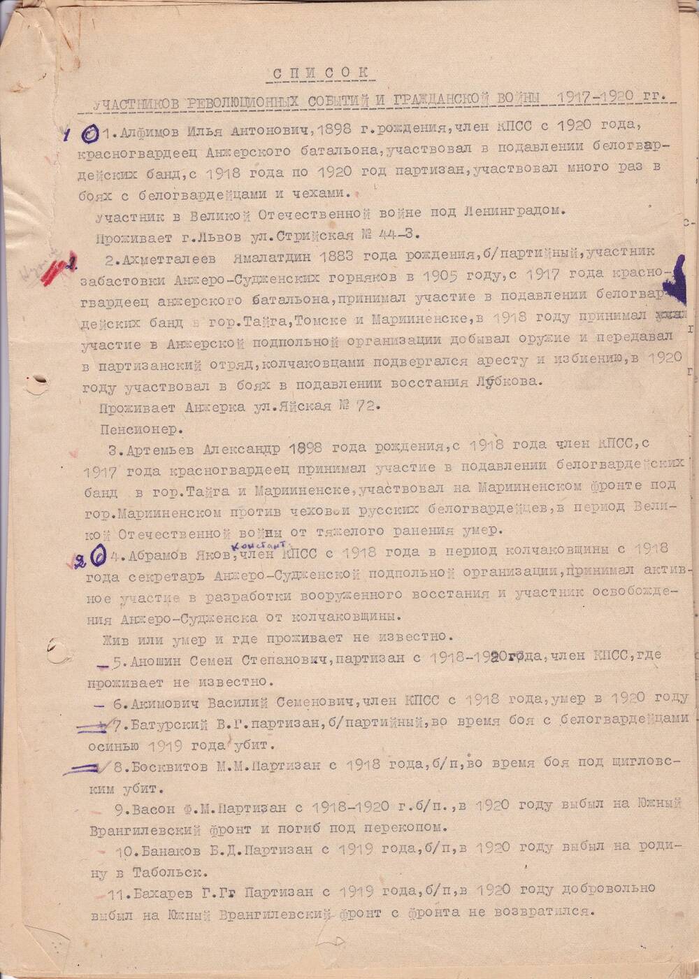 Список участников революционных событий и гражданской войны 1917 - 1920 гг.