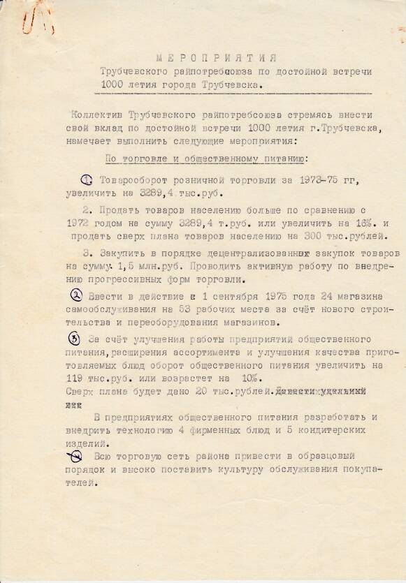 План мероприятий Трубчевского райпотребсоюза по достойной встрече 1000-летия города Трубчевска