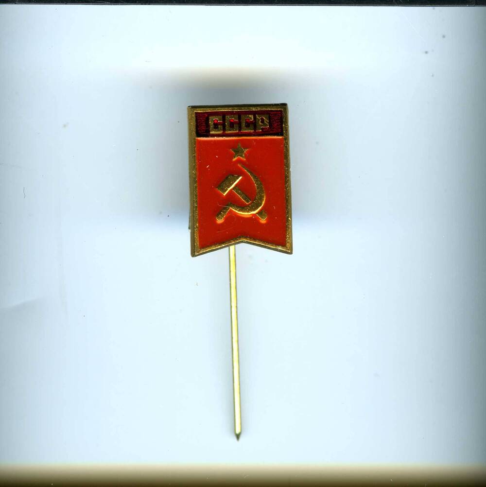 Значок в форме флажка - на красном поле золотые серп и молот, вверху звезда, над ними на бордовом фоне надпись:СССР.