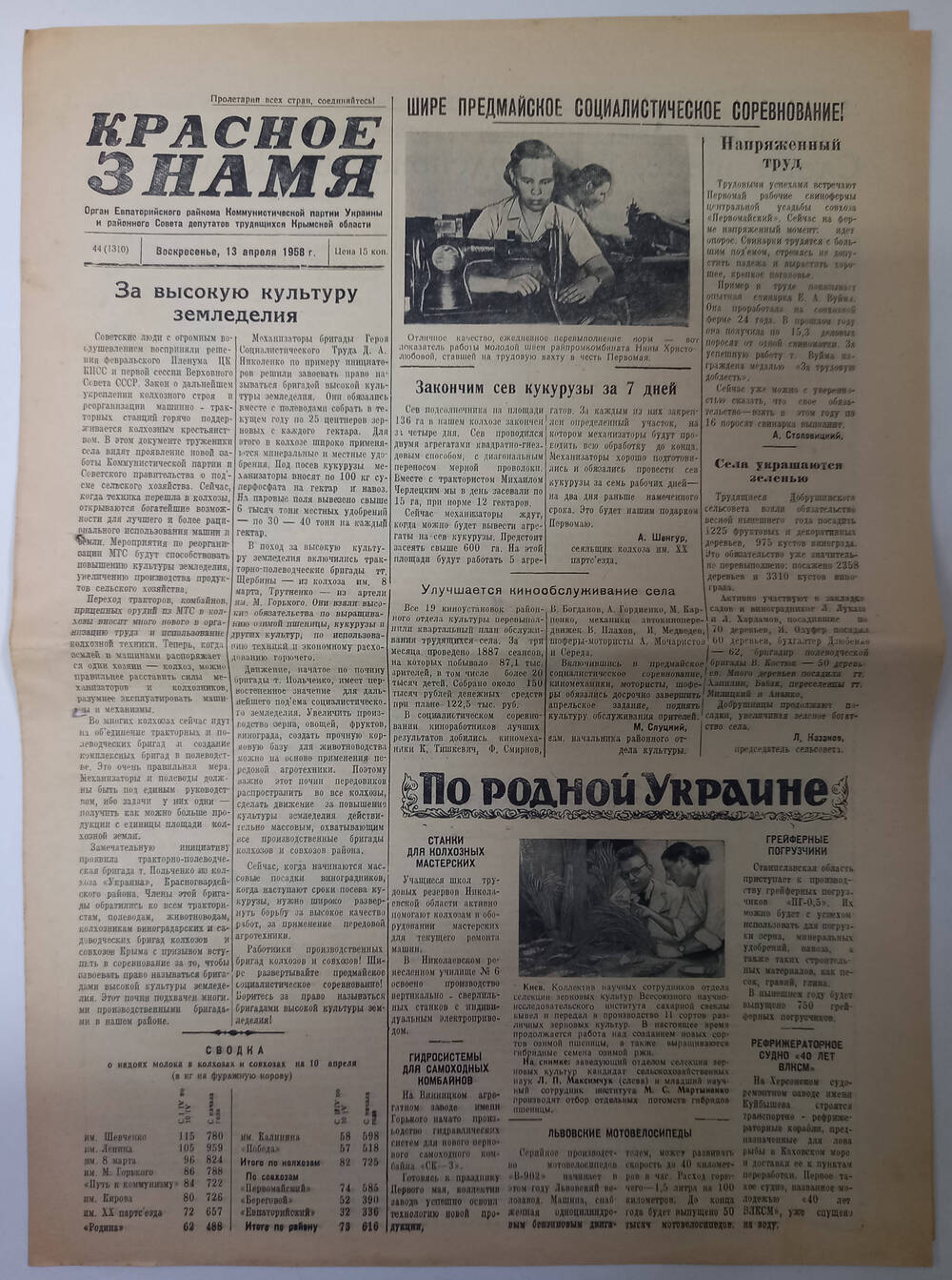 Газета Красное знамя №44(1310) от 13.04.1958 г.