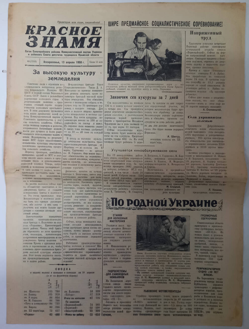 Газета Красное знамя №44(1310) от 13.04.1958 г.