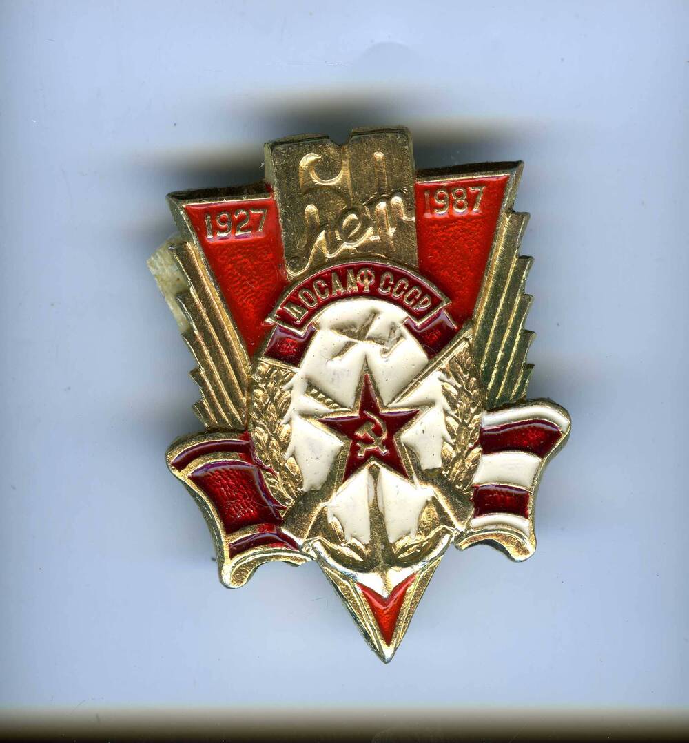 Значок 60 лет ДОСААФ СССР 1927-1987 гг.. Герб ДОСААФ на фоне алого треугольника и красно-белой ленты.