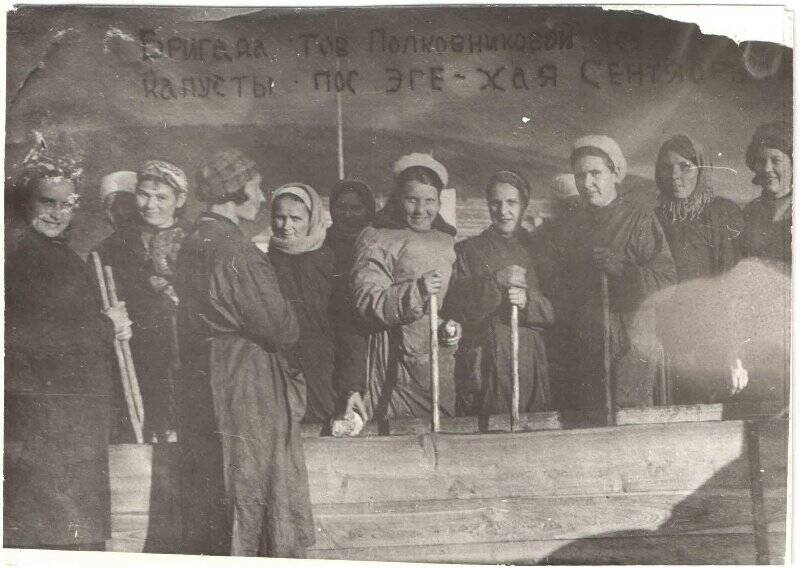 Фотография. Бригада тов. Полковниковой по засолке капусты. п.Эге-Хая, сентябрь. Переснимок.