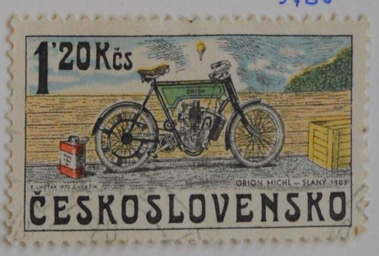 Марка почтовая. Мотоцикл. Из Коллекции марок Чехословацкой Социалистической республики, серии из 7-ми марок «Велосипеды и мотоциклы»