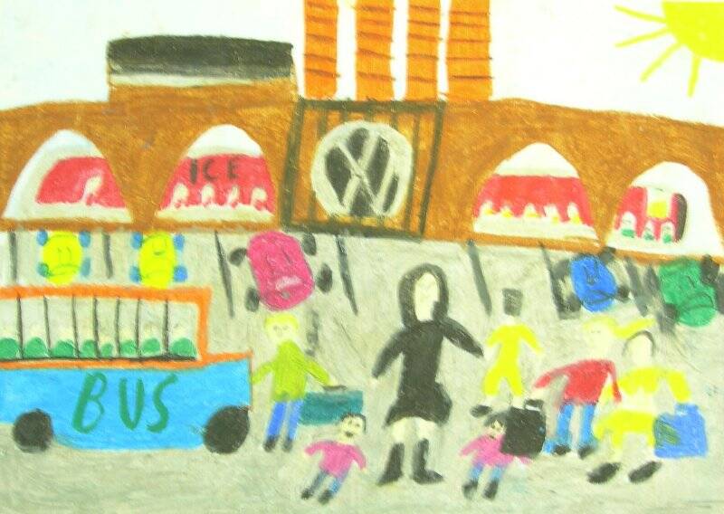 рисунок. Вокзал Вольфсбурга. Из серии детских работ из Вольфсбурга.