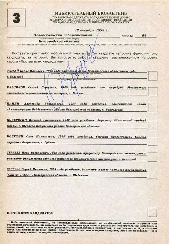 Бланк избирательного бюллетеня по выборам депутата Государственной Думы по одномандатному избирательному округу (образец)