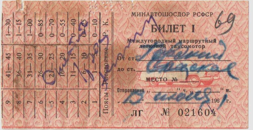 Билет междугородного маршрутного легкового таксомотора .1961 г