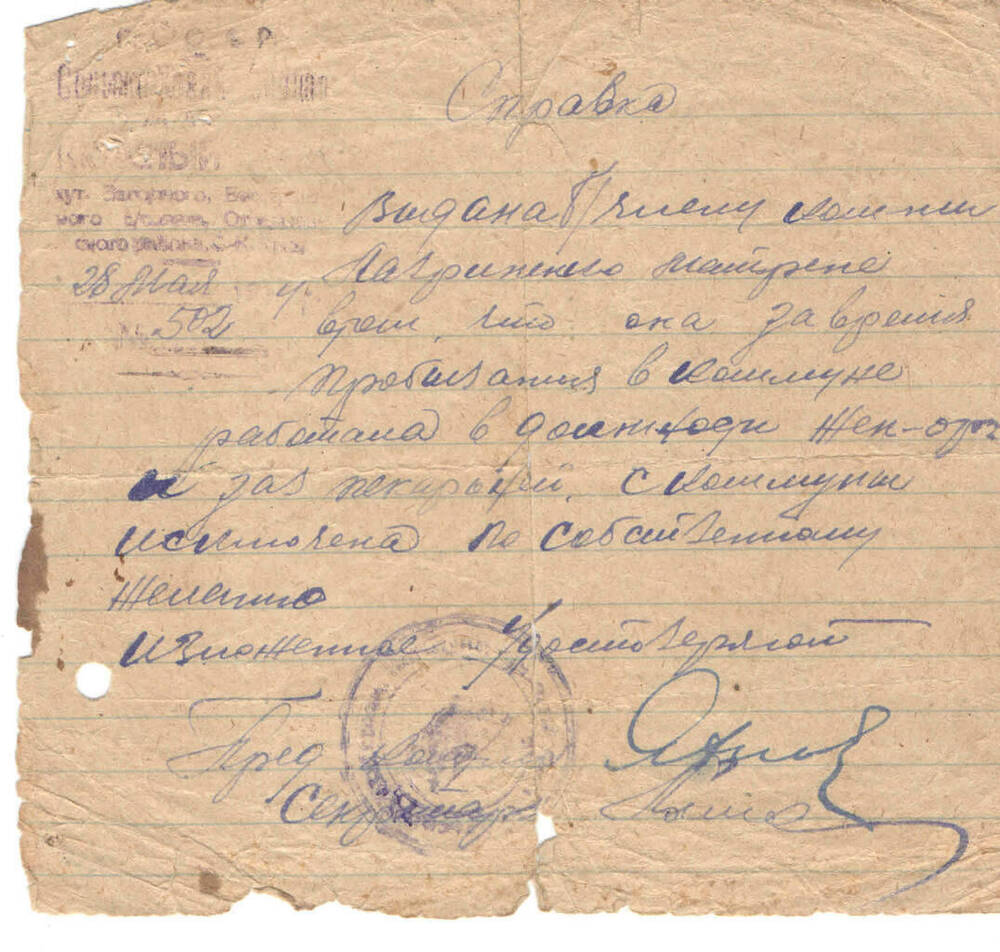 Справка № 502 от 28.05.1954г. на имя Лавриненко Матрены о работе ее как женорга. 
