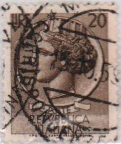 Марка почтовая Италии, номинальной стоимостью 20 лир, выпущенная 6 июня 1953 года