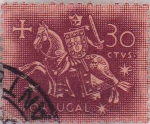 Марка почтовая Португалии Рыцарь на коне ( с печати короля Диниша I), номинальной стоимостью 30 португальских сентаво