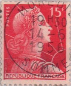 Марка почтовая Франции  Марианна де Мюллер, номинальной стоимостью 15 франков
