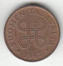 Монета 1 пенни 1967 г. Финляндия.