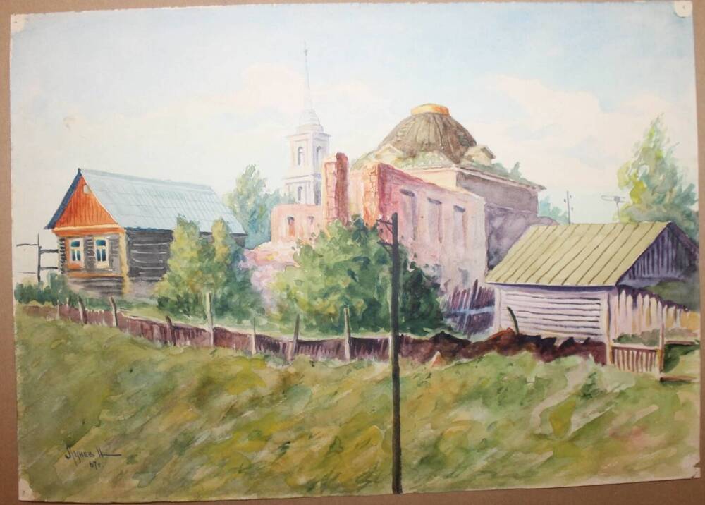 Рисунок Летний городской пейзаж с видом на Никольскую колокольню, автор Н.А. Лунев