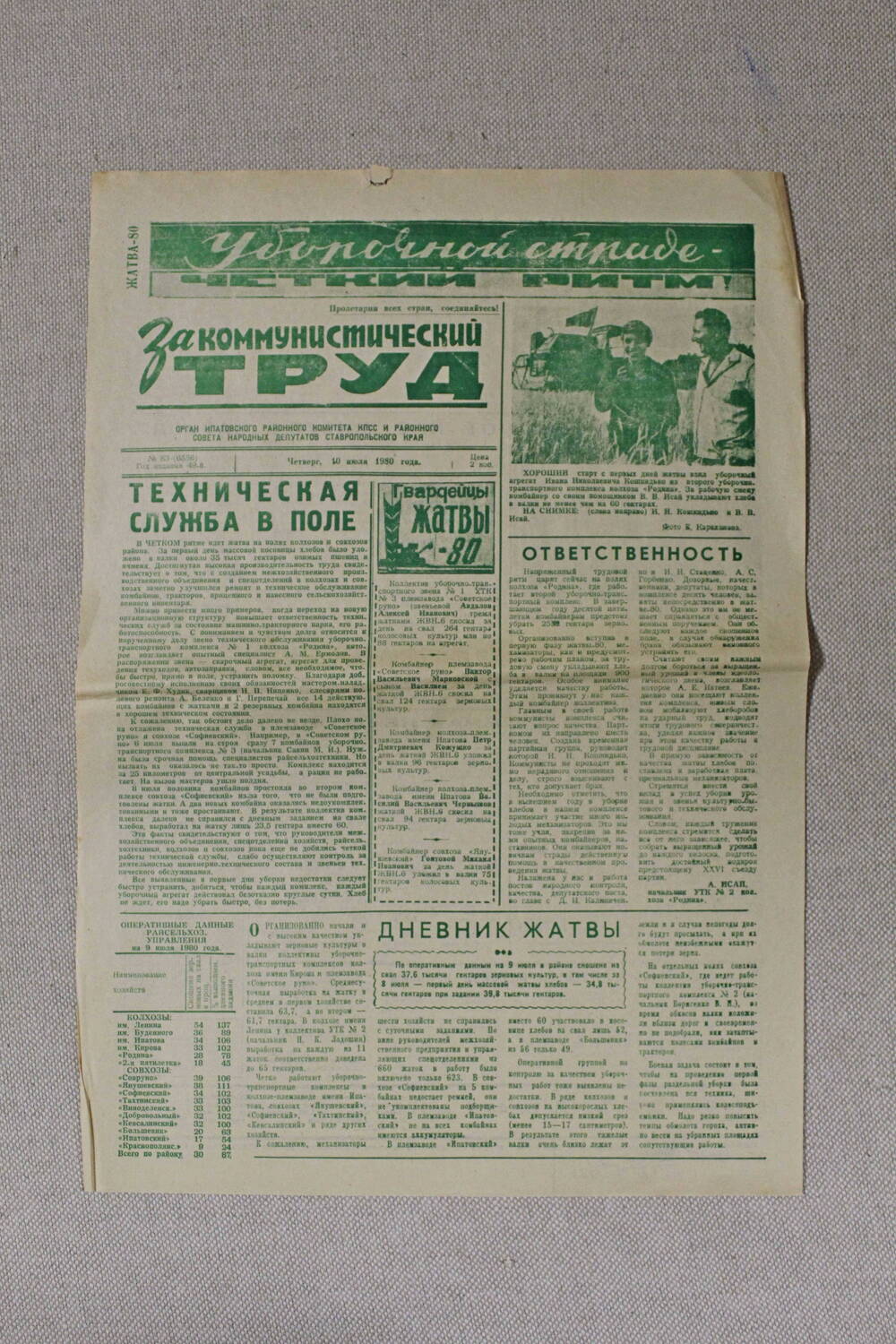 Газета За коммунистический труд № 83 от 10 июля 1980 года.