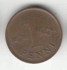 Монета 1 пенни 1968 г. Финляндия.