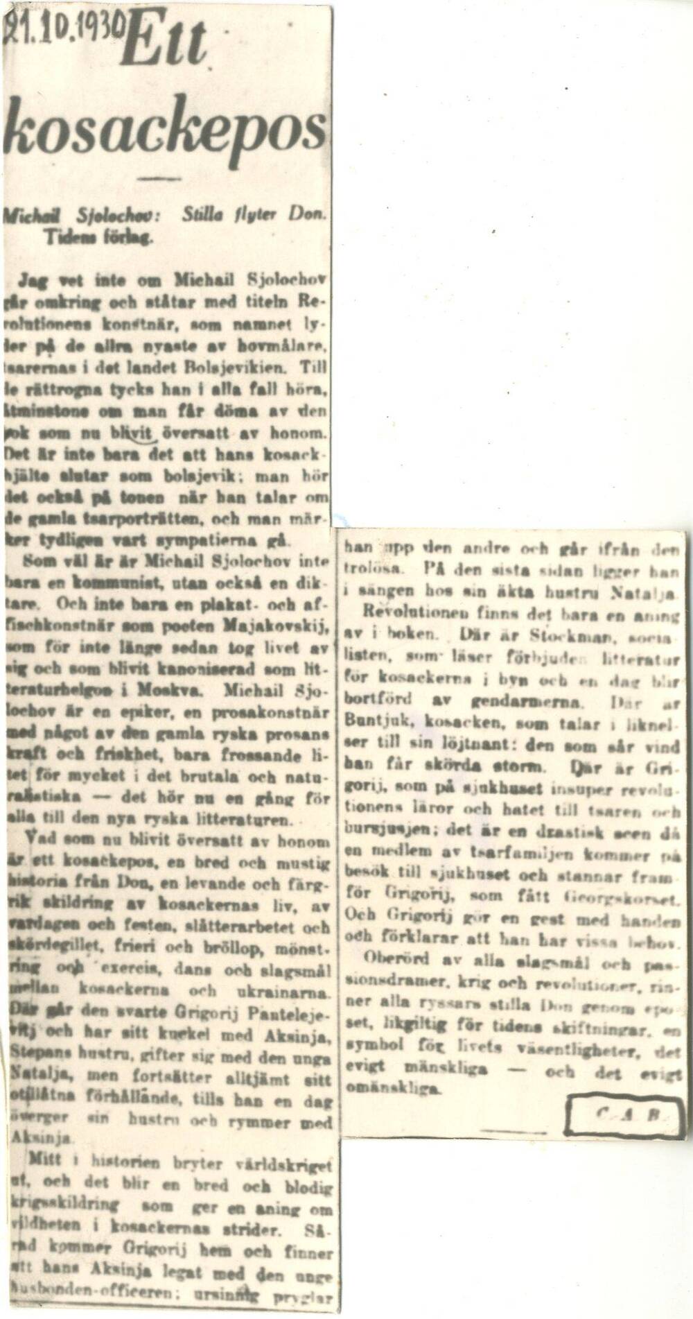Вырезка копии статьи Эпос о казаках из газеты Dagens Nyheter от 21.10.1930.