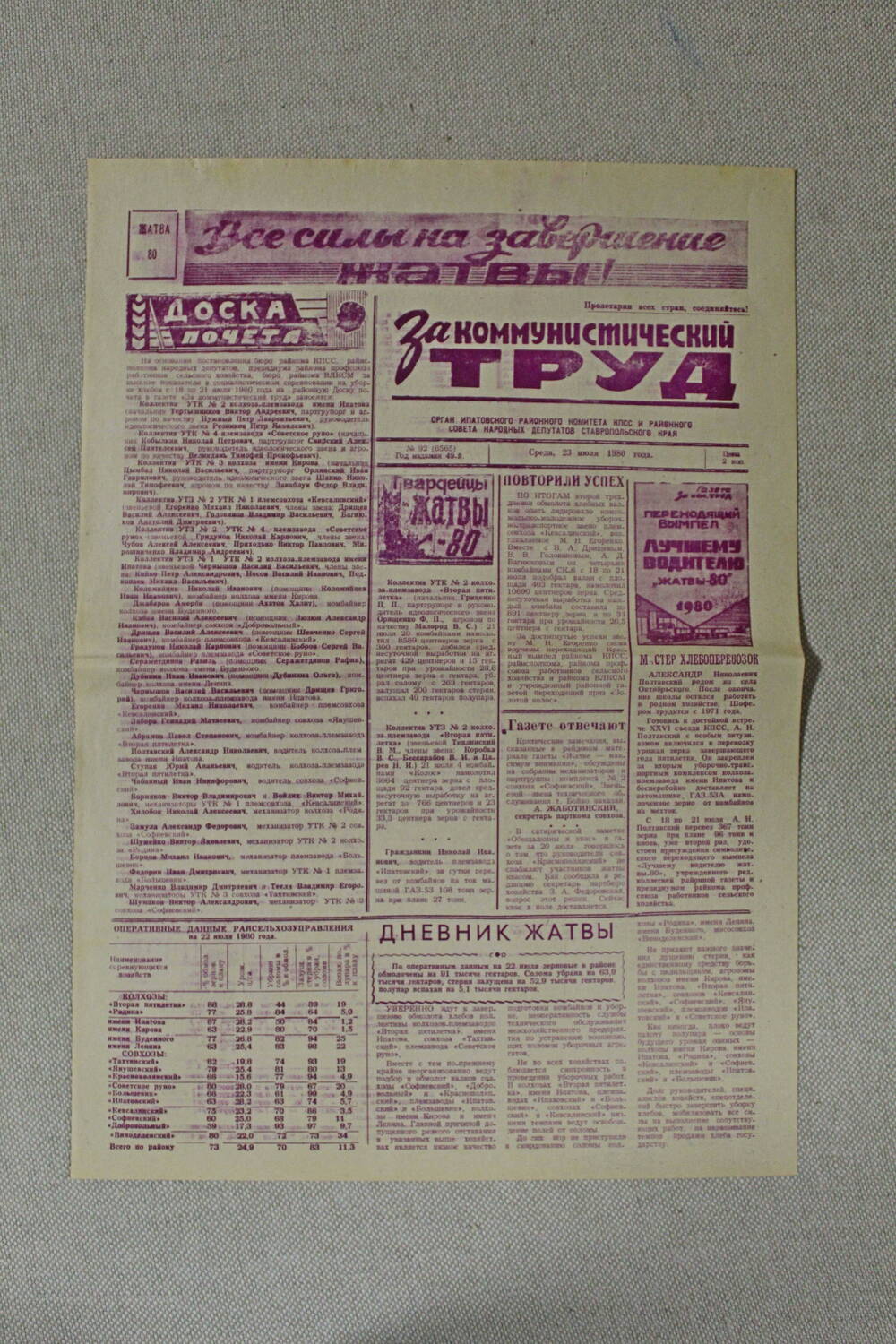 Газета За коммунистический труд № 92 от 23 июля 1980 года.