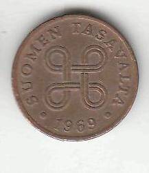 Монета 1 пенни 1969 г. Финляндия.
