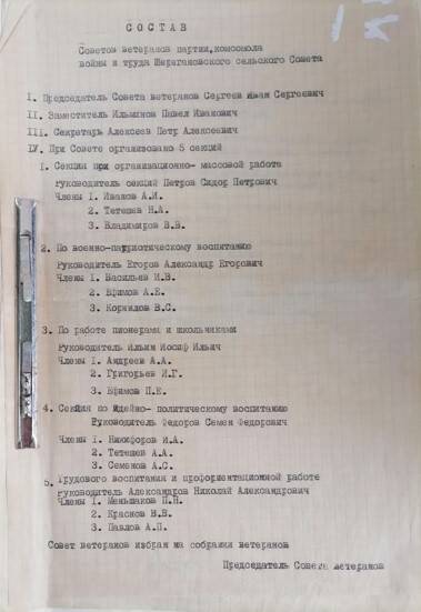 Состав Советов ветеранов партии, комсомола войны и труда Шерегановского сельского Совета