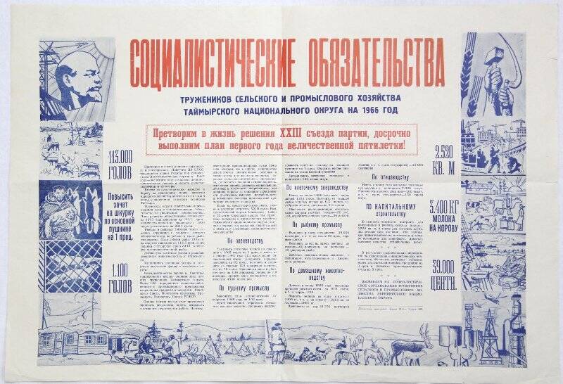Плакат. Социалистические обязательства тружеников сельского и промыслового хозяйства Таймырского национального округа на 1966 год.