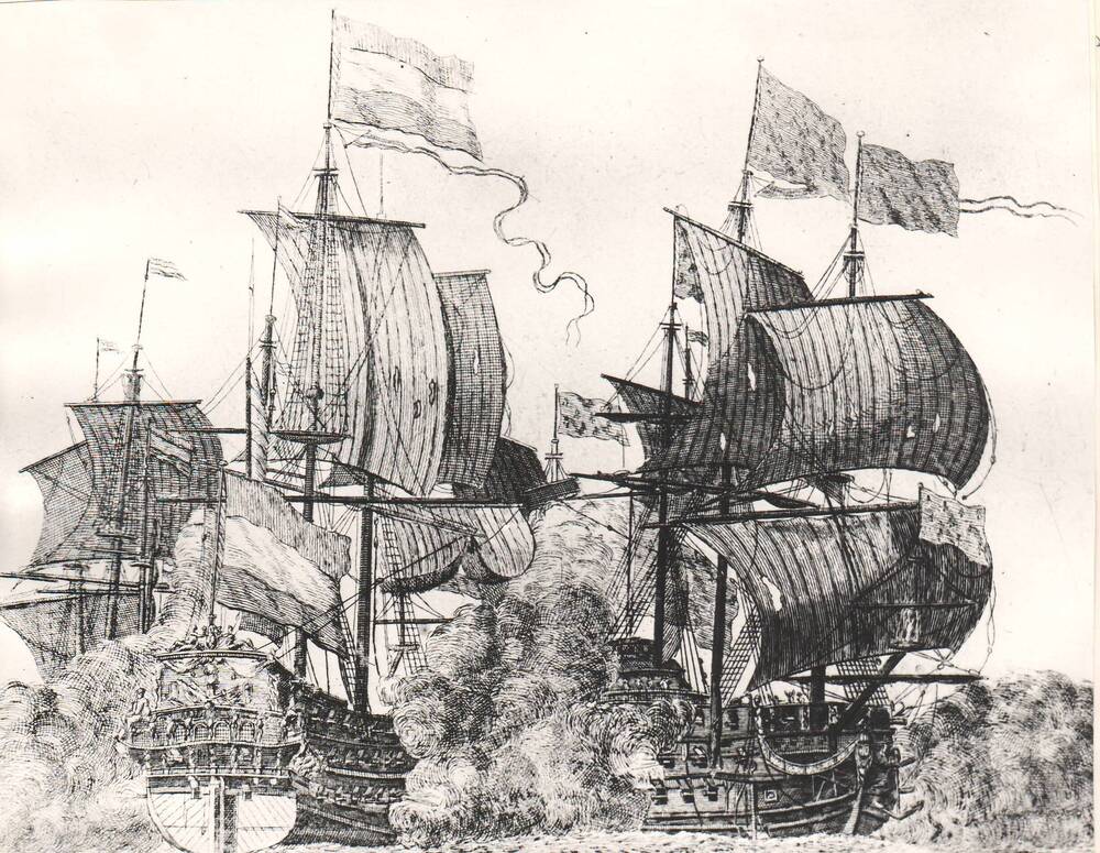 Печатная графика Морское сражение между голландскими и французскими адмиральскими кораблями.