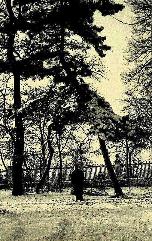 Фотография. Вениамин Андреевич Воробьев на фоне зимнего пейзажа.