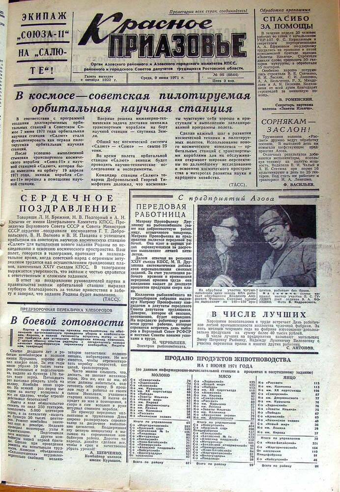 Газета Красное Приазовье № 95 (8844) от 9 июня 1971 года. Редактор Ю. Семененко.