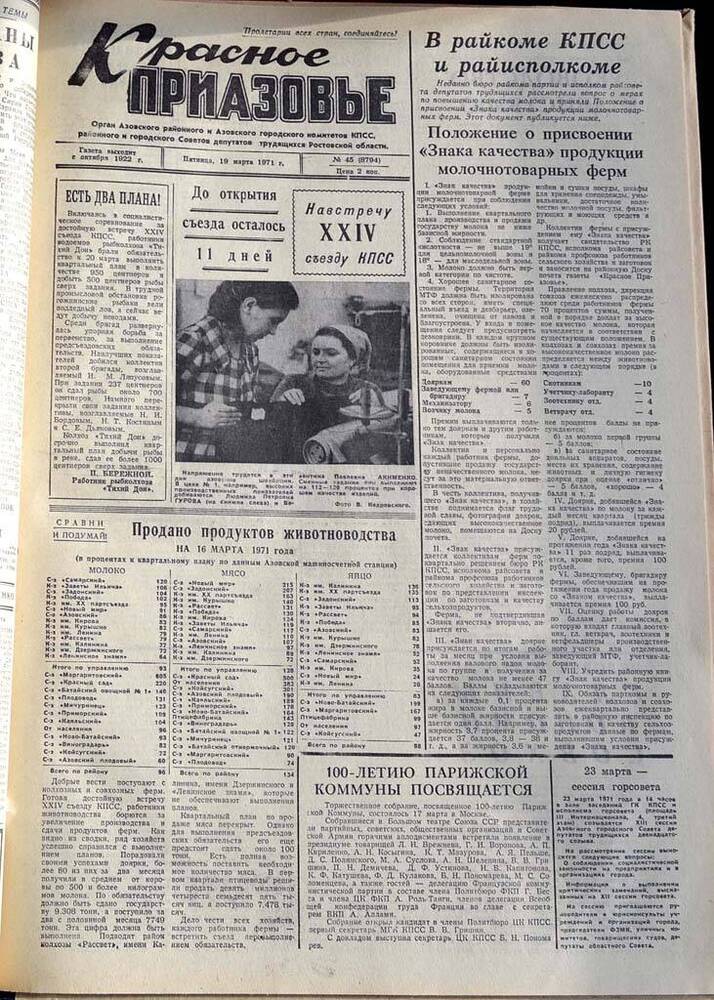 Газета Красное Приазовье №45 (8794) от 19 марта 1971 года. Редактор: Ю.Семененко.