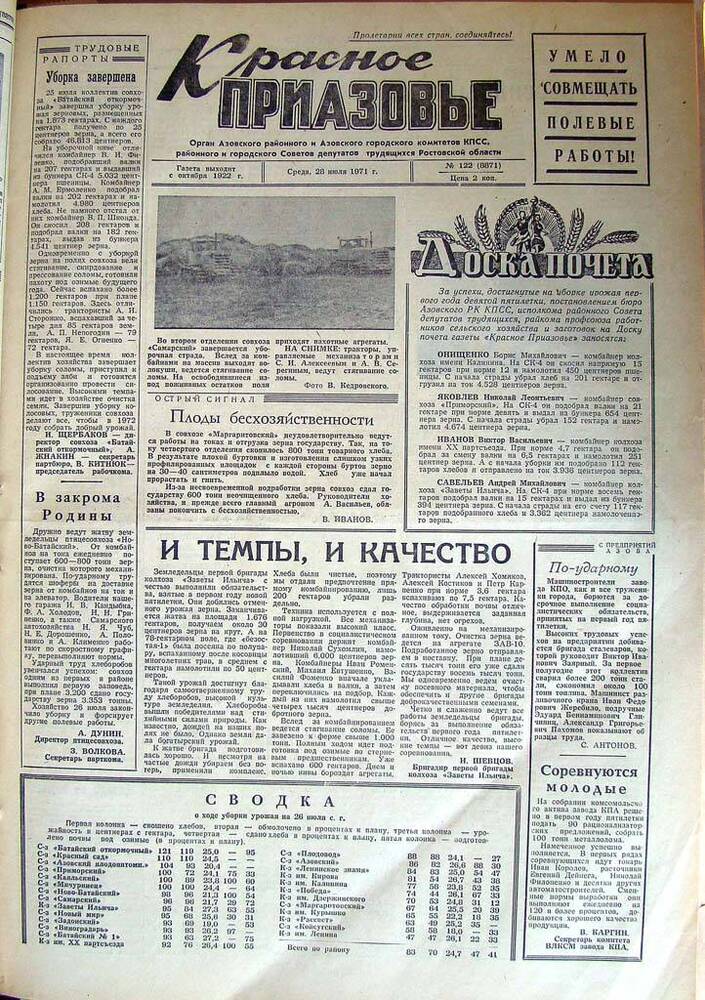 Газета Красное Приазовье № 122 (8871) от 28 июля 1971 года. Редактор Ю. Семененко.