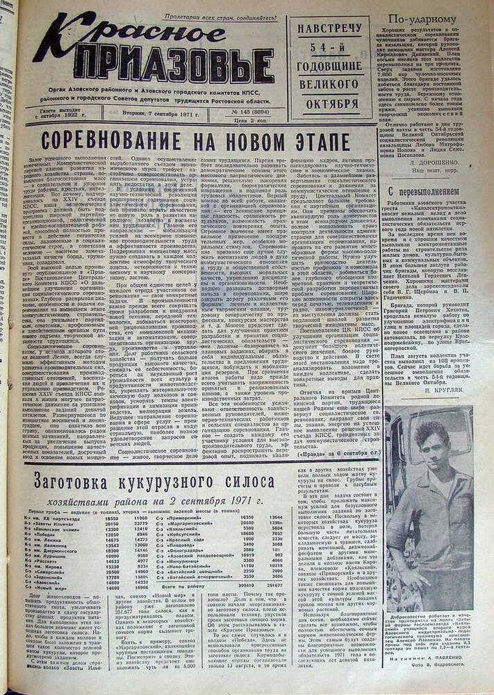 Газета Красное Приазовье № 145 (8894) от 7 сентября 1971 года. Редактор Ю. Семененко.