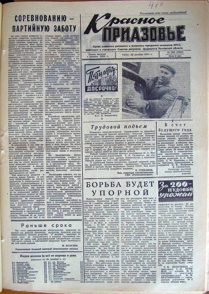 Газета Красное Приазовье № 205 (8954) от 22 декабря 1971 года. Зам. редактора А.Тупиков.