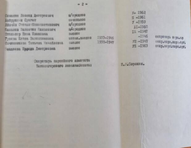 Список ветеранов партии, комсомола, войны и труда Зеленогорского сельского Совета