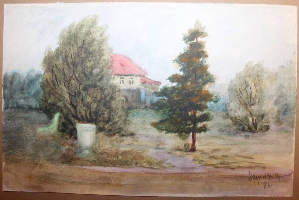 Рисунок Сосна, дом, автор Н.А. Лунев