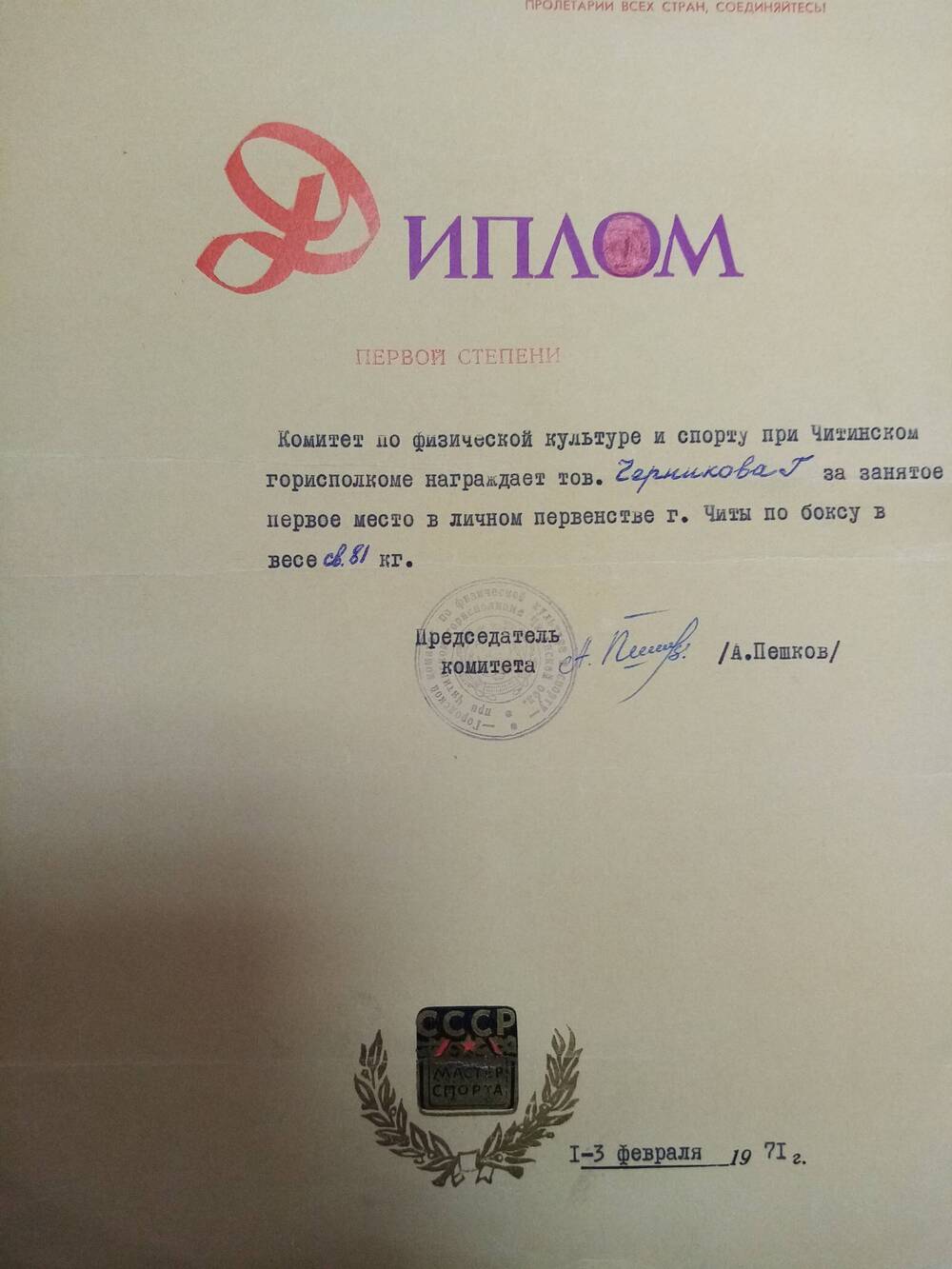Диплом Первой степени Черникову Генадию Марковичу